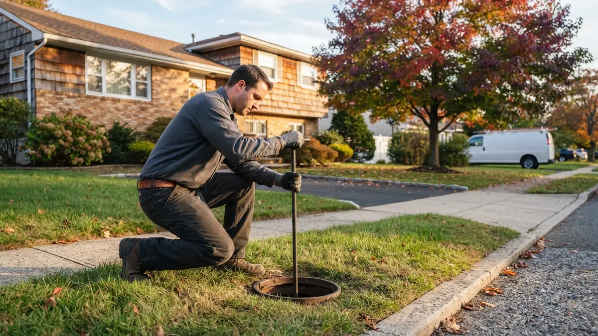 Technician crouching to lower a long curb key into the curb stop box in the front lawn of a split-level house - Leak Detection in Old Bridge