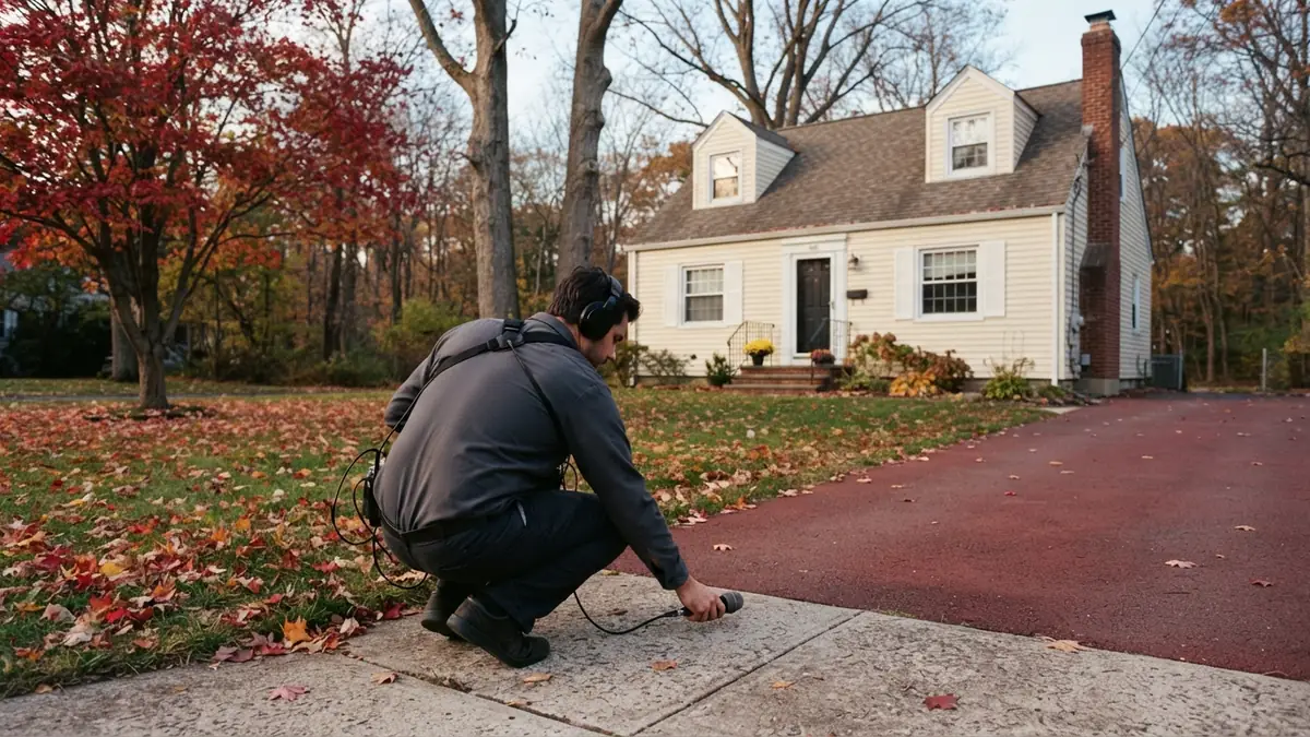 Technician pressing a ground microphone to a concrete walk beside a Cape Cod house with a red maple on the lawn - Leak Detection in Old Bridge