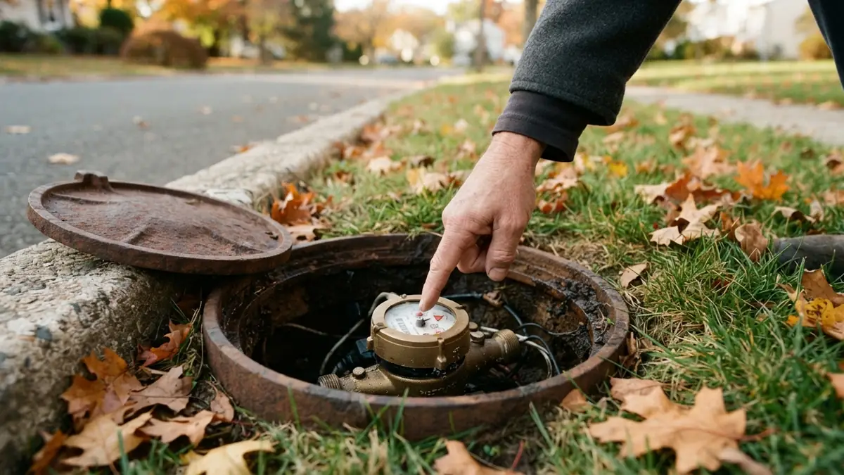 A hand pointing at the low-flow indicator on a water meter inside an open curbside meter pit surrounded by fallen leaves - Leak Detection in Old Bridge