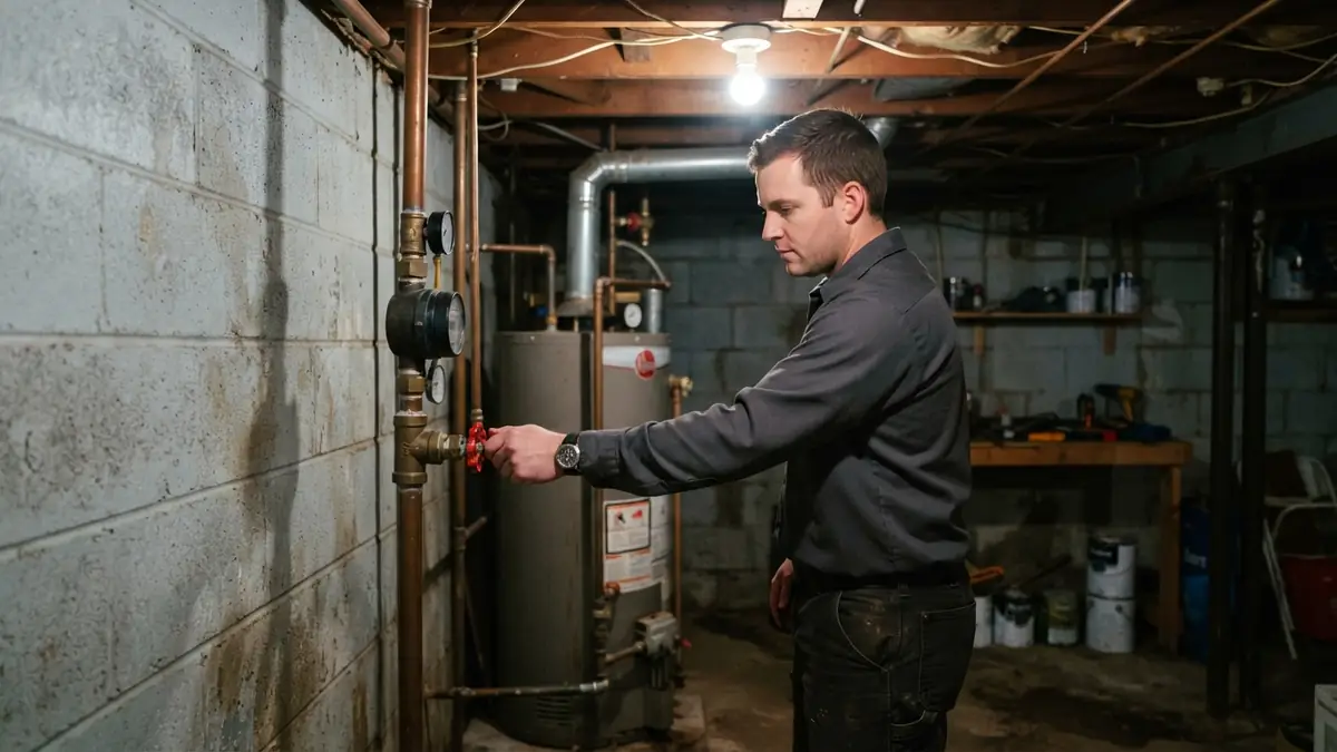 Technician turning the red handle of the main water shutoff valve on a copper pipe in a basement utility corner - Leak Detection in Old Bridge